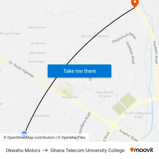 Okwahu Motors to Ghana Telecom University College map