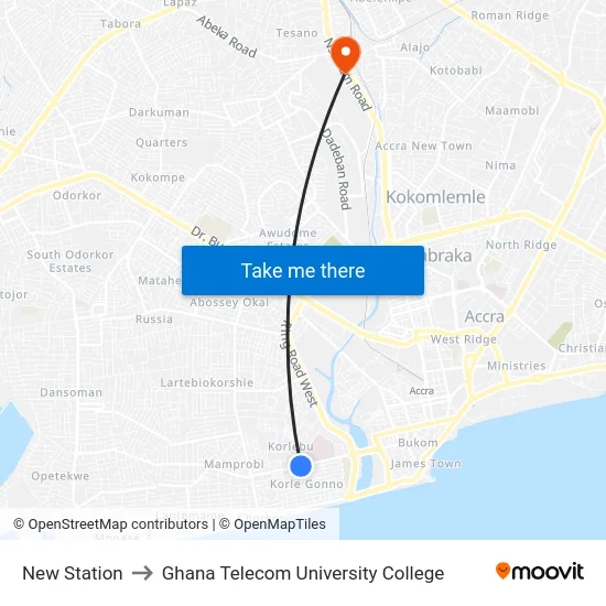 New Station to Ghana Telecom University College map