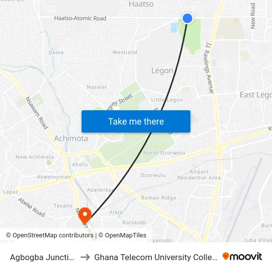 Agbogba Junction to Ghana Telecom University College map