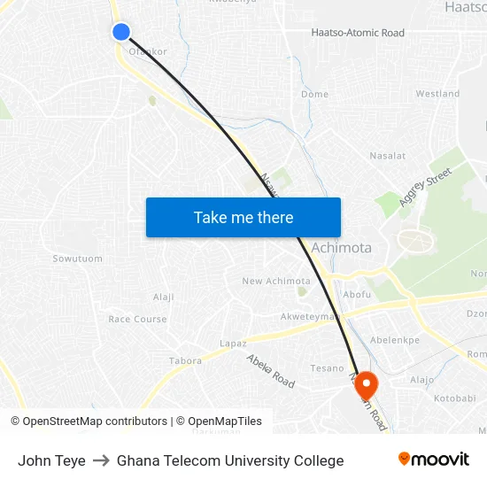 John Teye to Ghana Telecom University College map