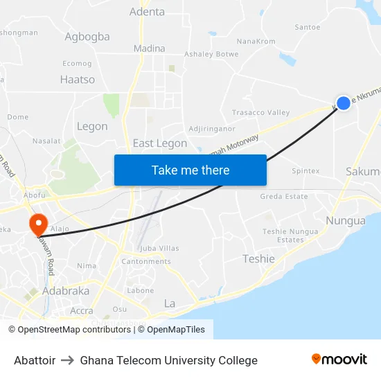 Abattoir to Ghana Telecom University College map