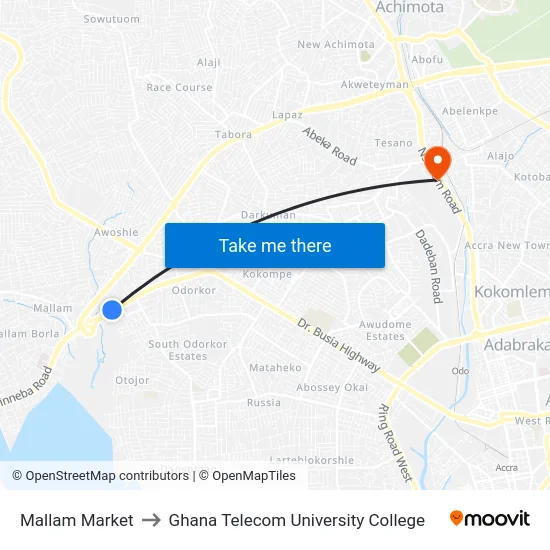 Mallam Market to Ghana Telecom University College map