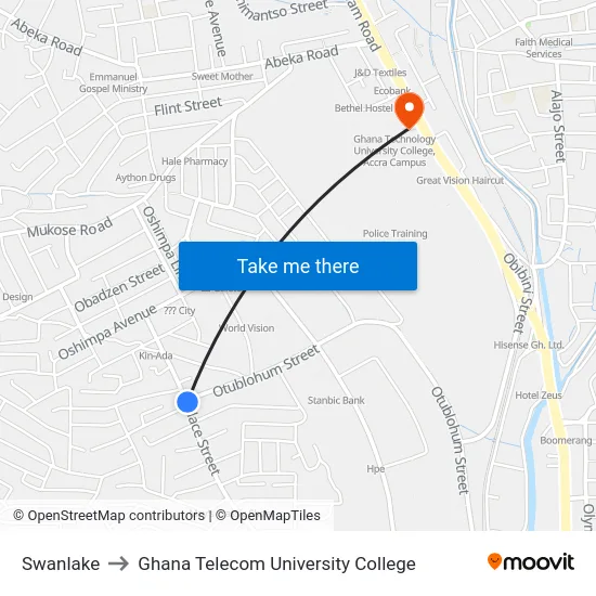 Swanlake to Ghana Telecom University College map