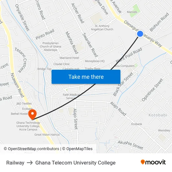 Railway to Ghana Telecom University College map