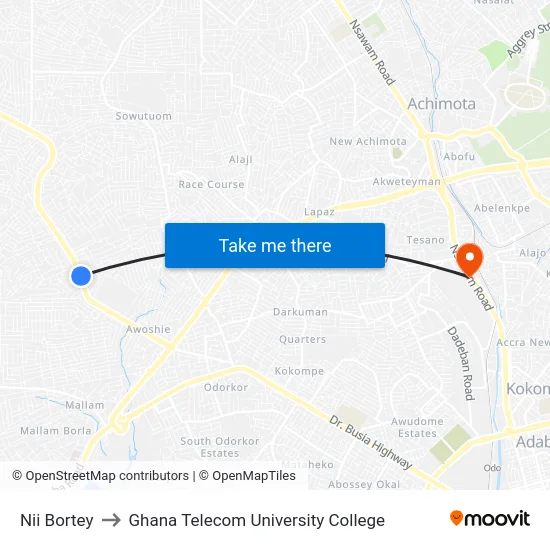 Nii Bortey to Ghana Telecom University College map