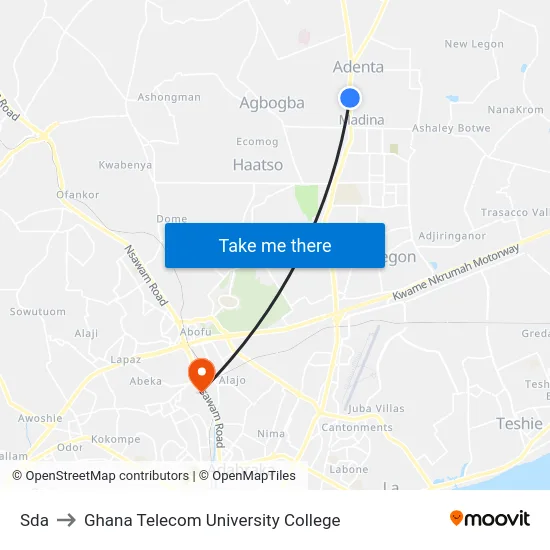 Sda to Ghana Telecom University College map