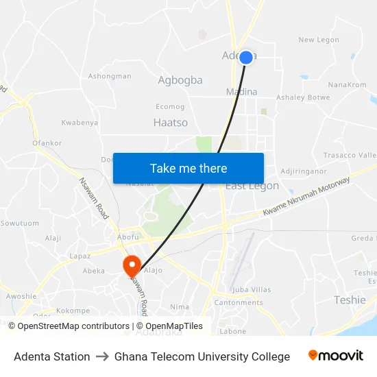 Adenta Station to Ghana Telecom University College map