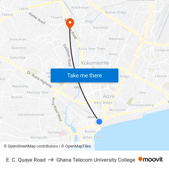 E. C. Quaye Road to Ghana Telecom University College map