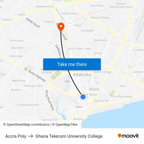 Accra Poly to Ghana Telecom University College map
