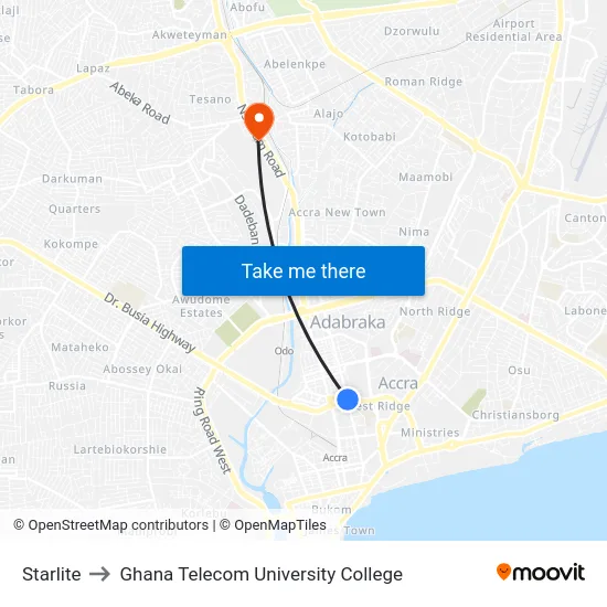 Starlite to Ghana Telecom University College map