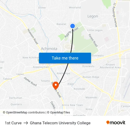 1st Curve to Ghana Telecom University College map