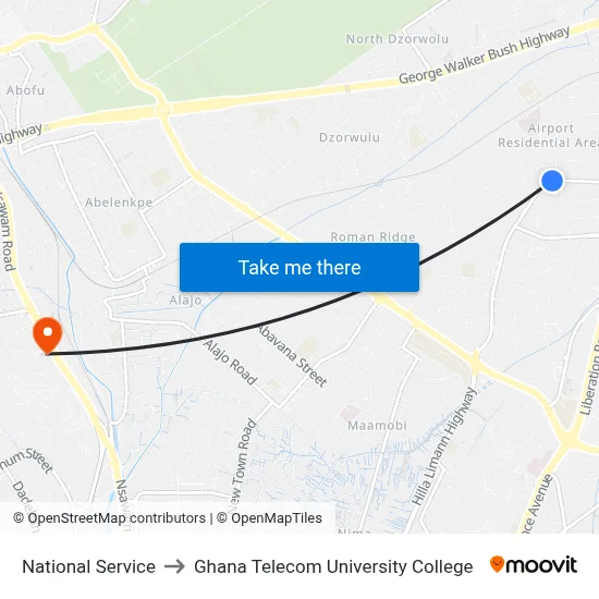 National Service to Ghana Telecom University College map