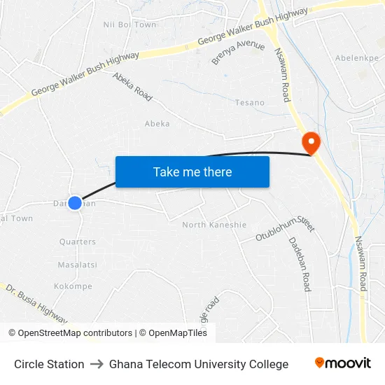 Circle Station to Ghana Telecom University College map