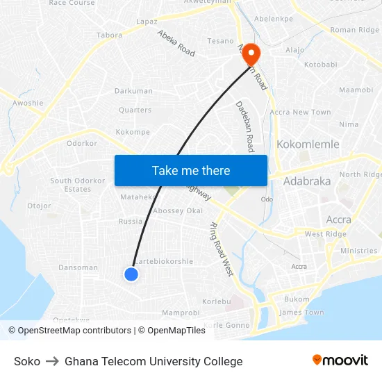 Soko to Ghana Telecom University College map