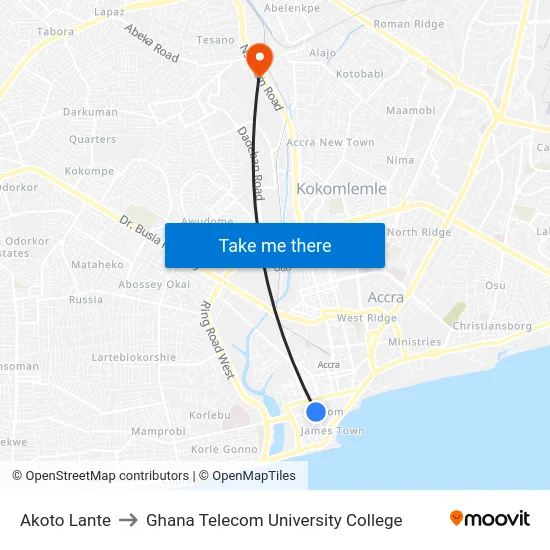 Akoto Lante to Ghana Telecom University College map