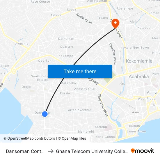 Dansoman Control to Ghana Telecom University College map
