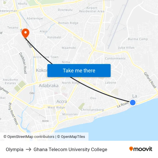 Olympia to Ghana Telecom University College map