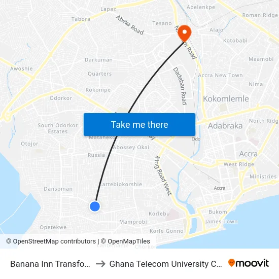 Banana Inn Transformer to Ghana Telecom University College map