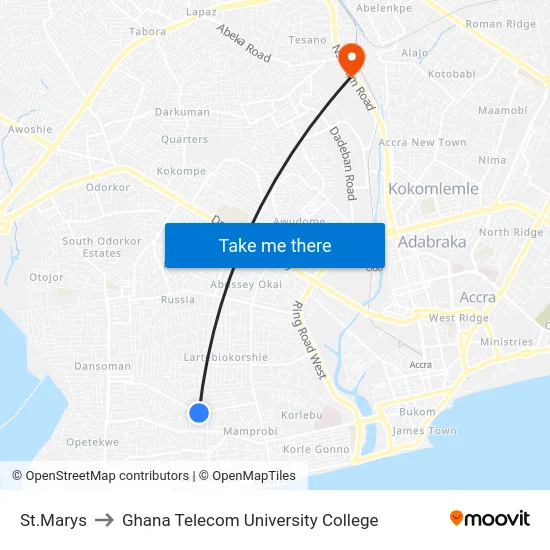 St.Marys to Ghana Telecom University College map