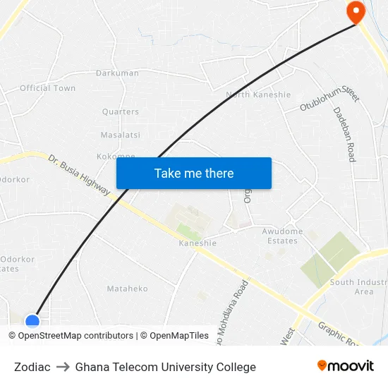 Zodiac to Ghana Telecom University College map