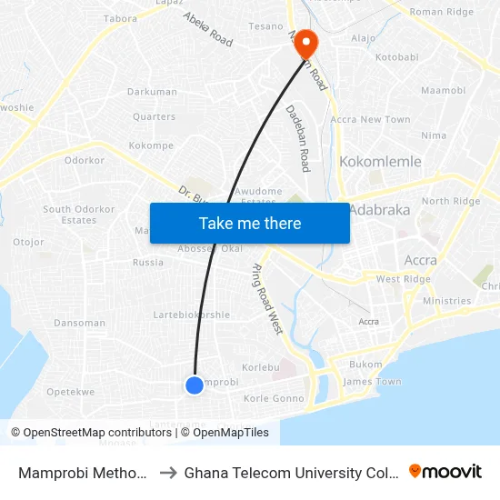 Mamprobi Methodist to Ghana Telecom University College map