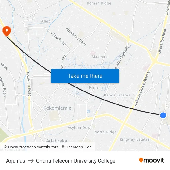 Aquinas to Ghana Telecom University College map