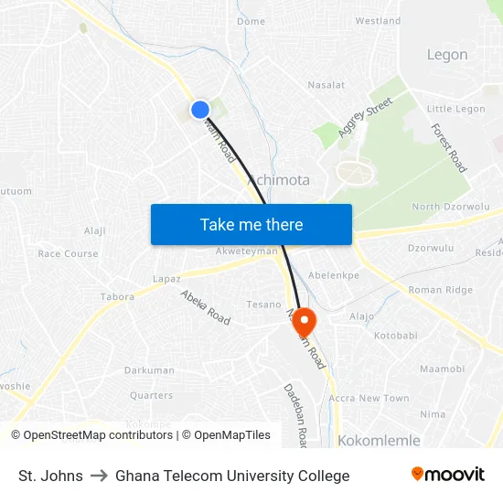 St. Johns to Ghana Telecom University College map