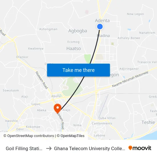 Goil Filling Station to Ghana Telecom University College map