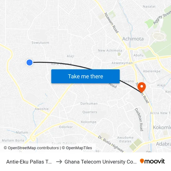 Antie-Eku Pallas Town to Ghana Telecom University College map