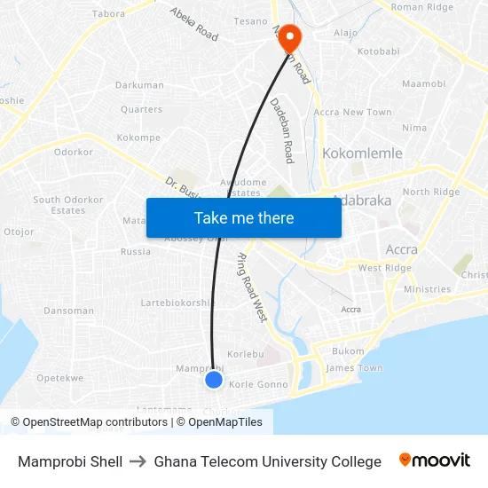 Mamprobi Shell to Ghana Telecom University College map