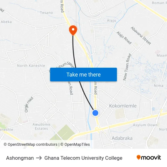 Ashongman to Ghana Telecom University College map