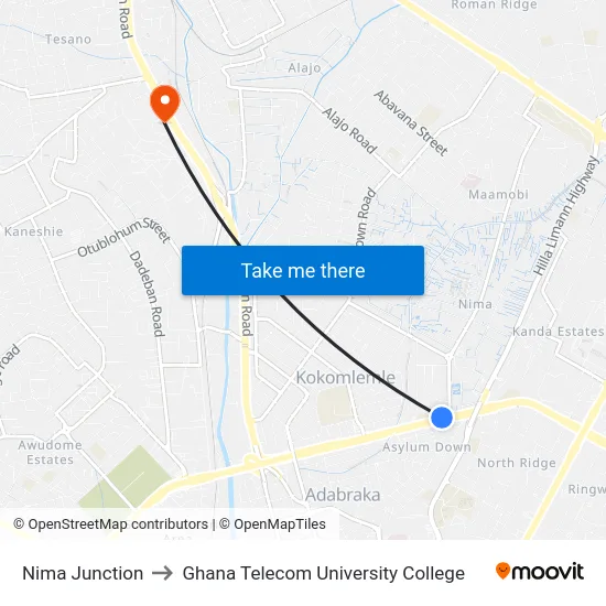 Nima Junction to Ghana Telecom University College map