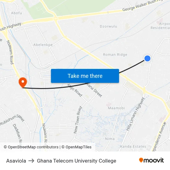 Asaviola to Ghana Telecom University College map