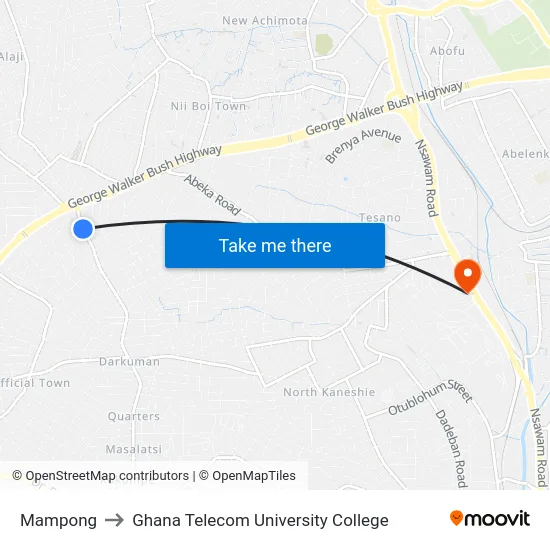 Mampong to Ghana Telecom University College map