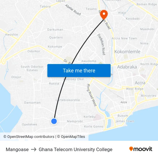 Mangoase to Ghana Telecom University College map