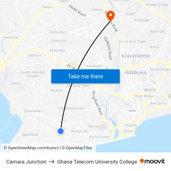 Camara Junction to Ghana Telecom University College map