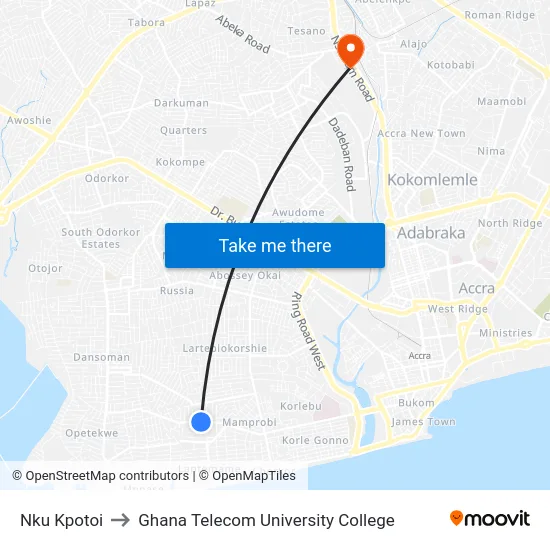 Nku Kpotoi to Ghana Telecom University College map