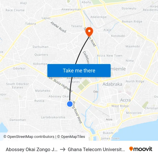 Abossey Okai Zongo Junction to Ghana Telecom University College map