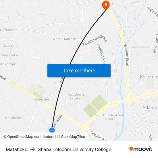 Mataheko to Ghana Telecom University College map