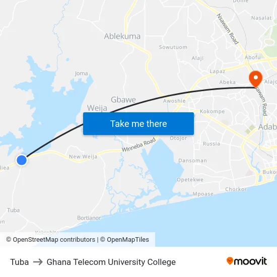 Tuba to Ghana Telecom University College map