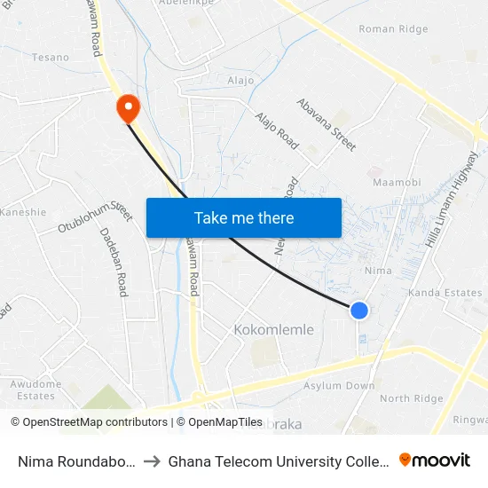 Nima Roundabout to Ghana Telecom University College map