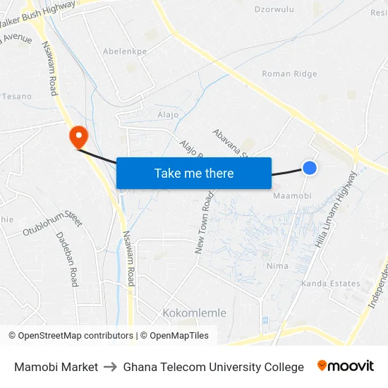Mamobi Market to Ghana Telecom University College map