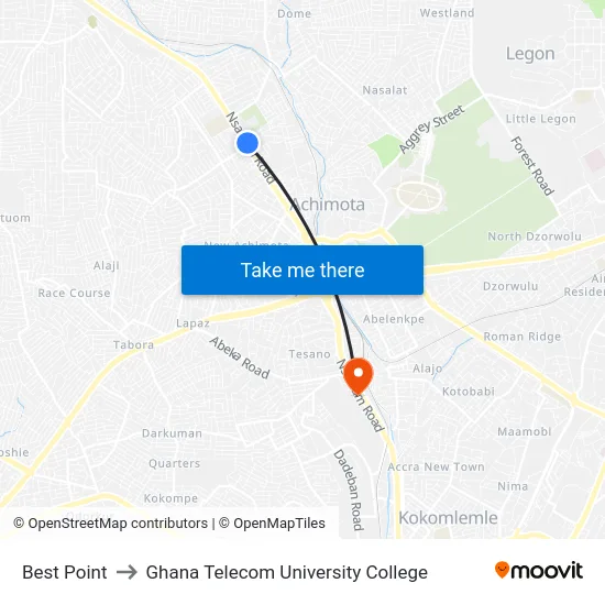 Best Point to Ghana Telecom University College map