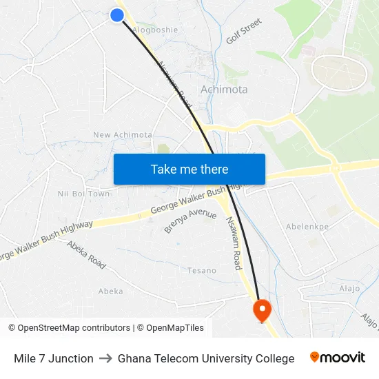 Mile 7 Junction to Ghana Telecom University College map