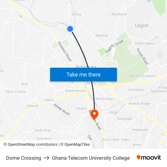 Dome Crossing to Ghana Telecom University College map
