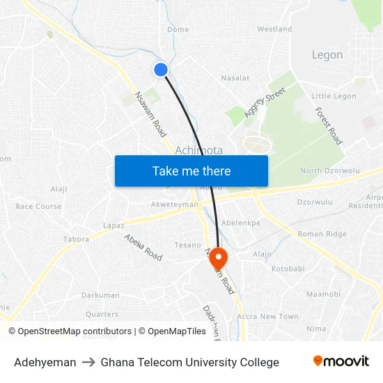 Adehyeman to Ghana Telecom University College map