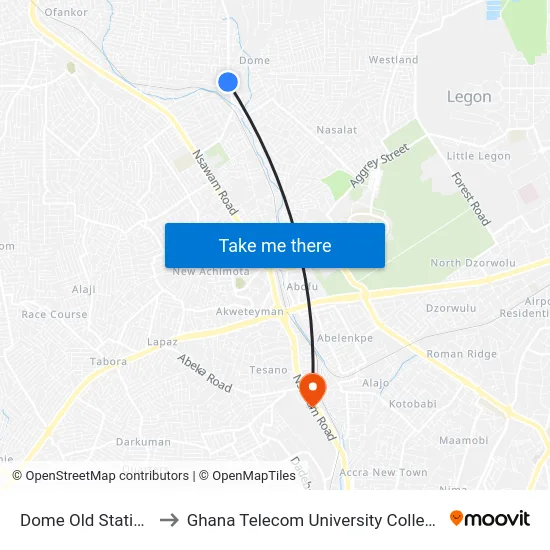 Dome Old Station to Ghana Telecom University College map