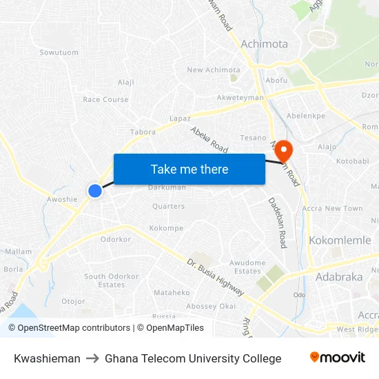 Kwashieman to Ghana Telecom University College map
