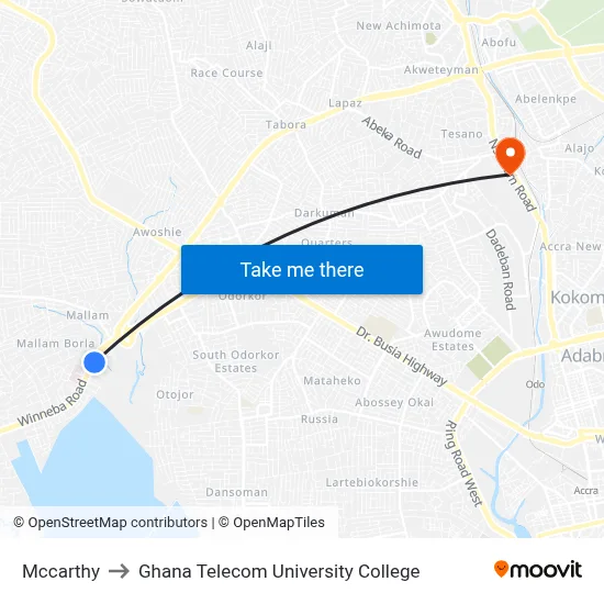 Mccarthy to Ghana Telecom University College map