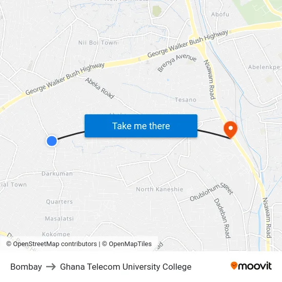 Bombay to Ghana Telecom University College map